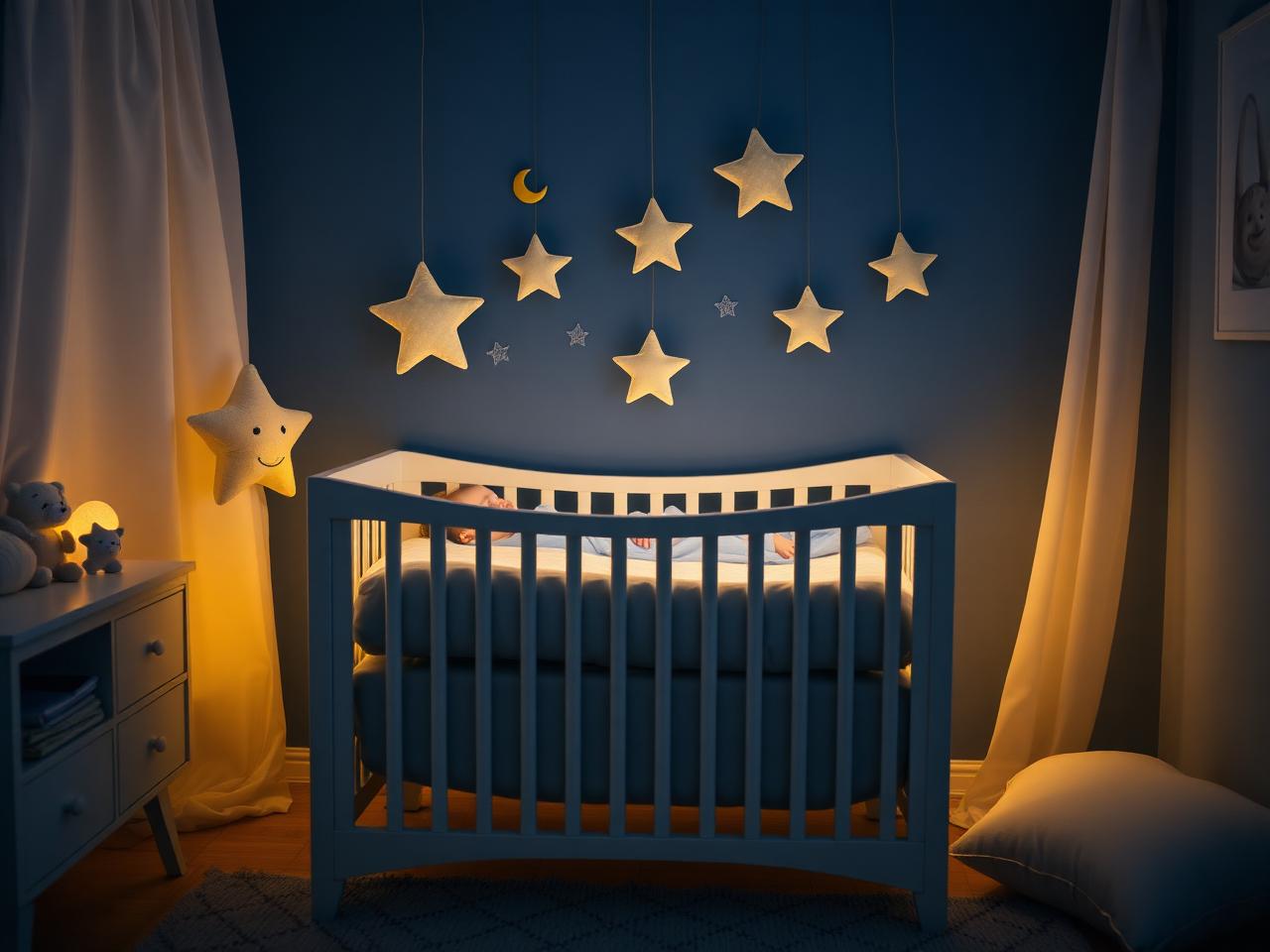 Quarto de bebê com berço iluminado por luz suave